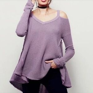 Free People Lavender Waffle Weave cold shoulder boho cozy sweater unfinished hem